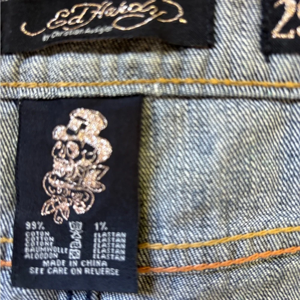 Ed Hardy Blue Denim Mini Skirt with Yellow Logo - Picture 6 of 8